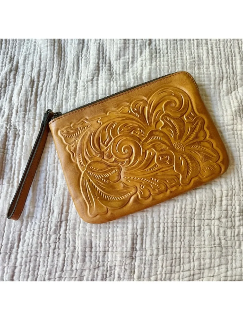 Patricia Nash Camel Tan Tooled Leather Cassini Embossed Floral Zipper Pouch